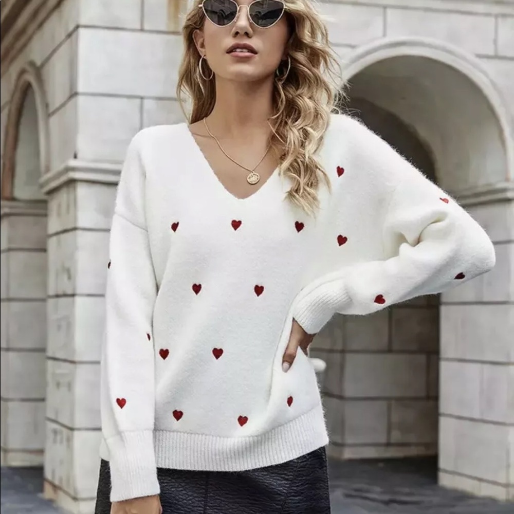 Heart sweater embroidery top womens white long sleeve vneck winter - Picture 2 of 6
